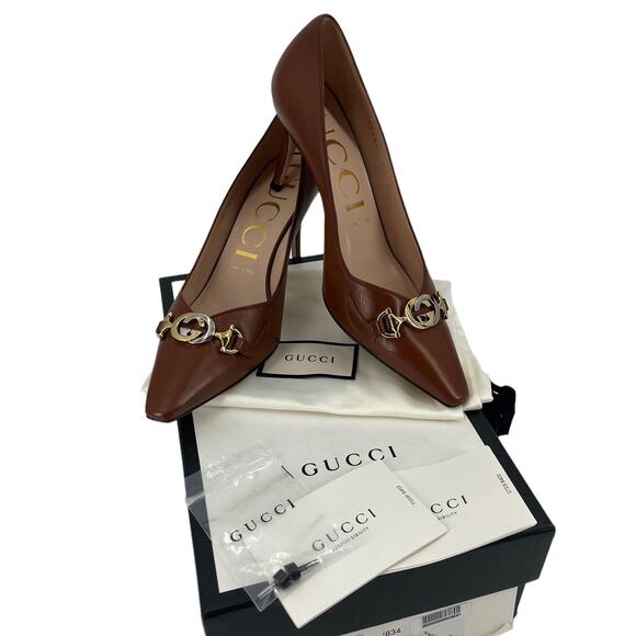 GUCCI Zumi 75 Pumps Brown Leather High Heel Slip On G Logo Buckle Size 9.5 - Picture 2 of 9